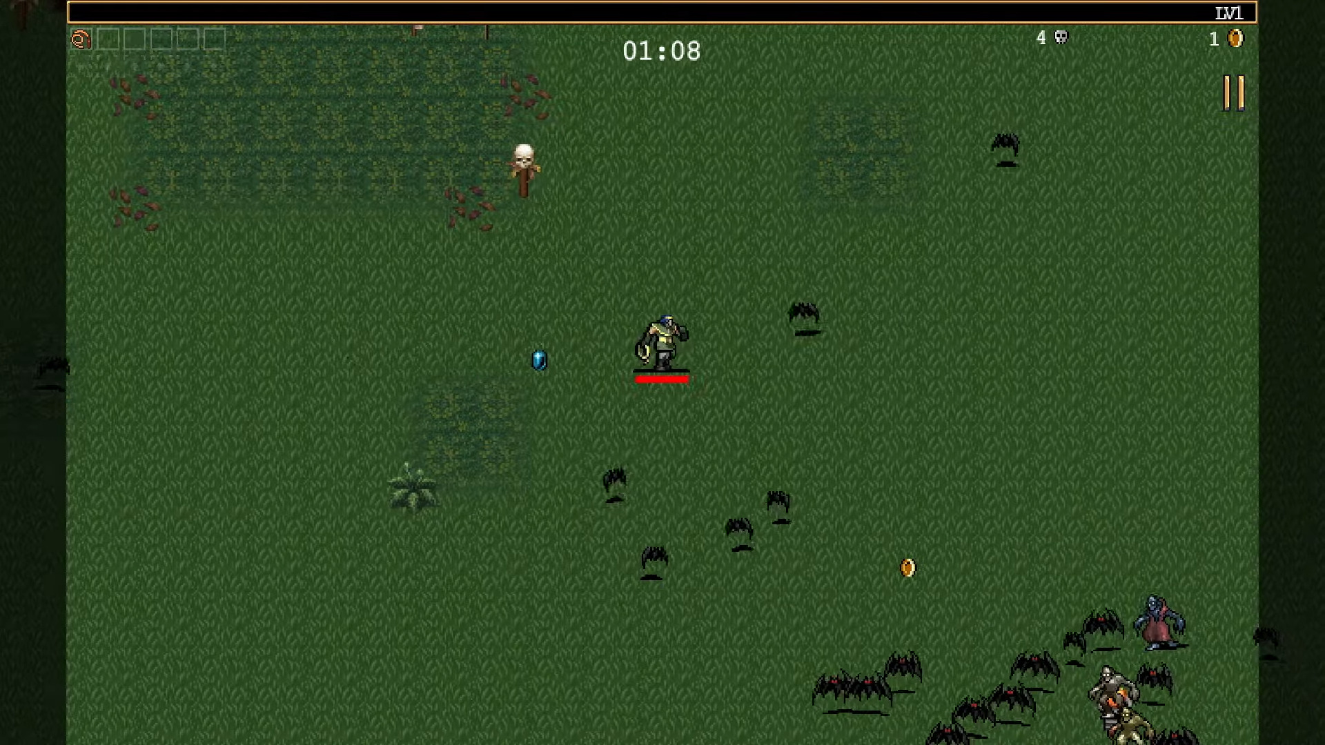 A Vampire Survivors screenshot showing a character standing in a field with multiple bats